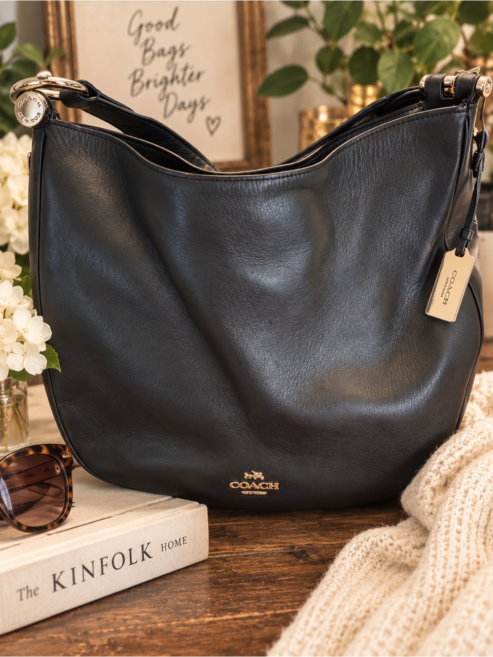 Coach Black Brown Pebbled Leather Edie Shoulder Hobo Bag 36026 + Dust Bag GUC